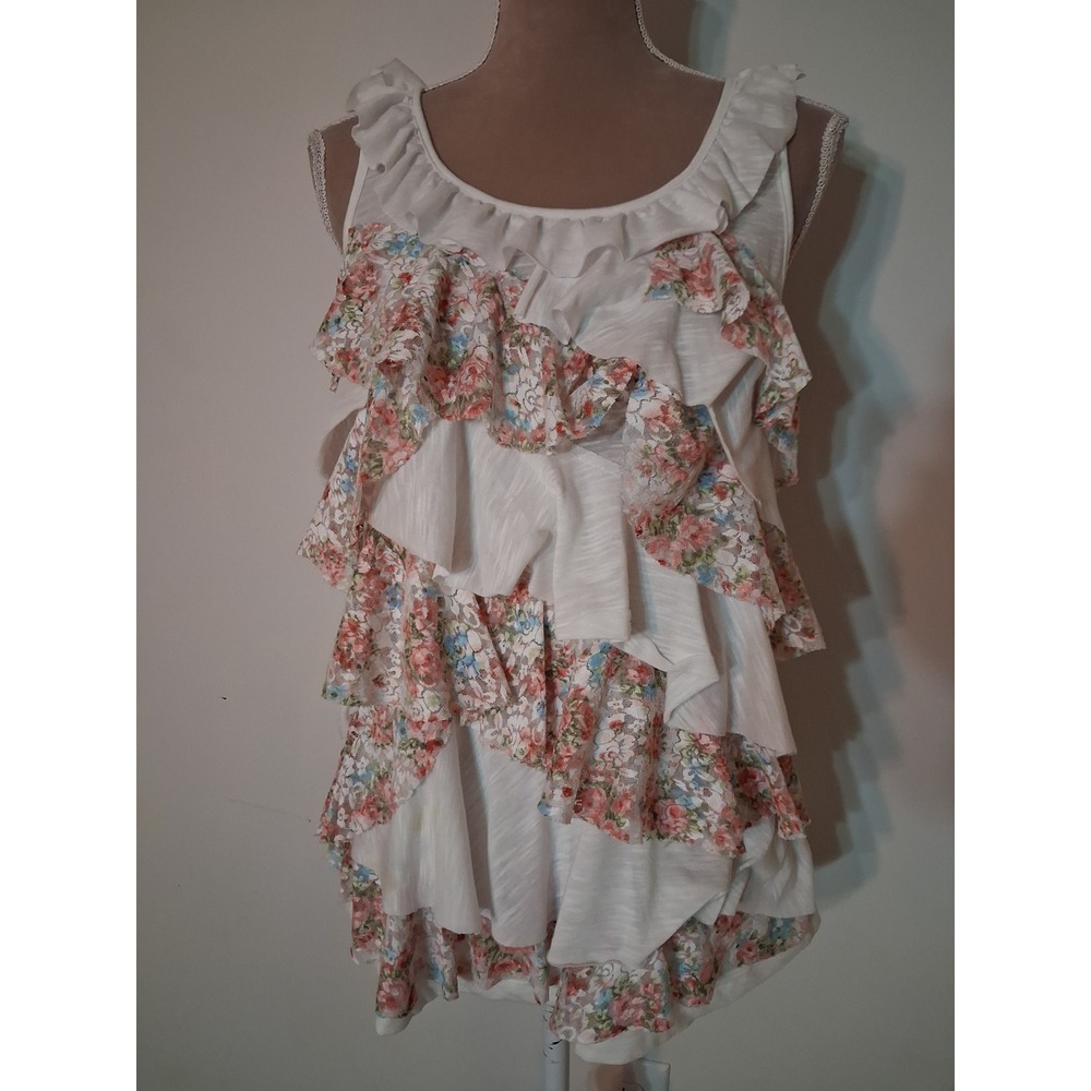Deb Womens 1X White Floral Lace Tiered Ruffle Sleeveless Tank Top Fairy y2k